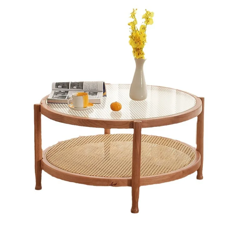 Nordic solid wood rattan glass coffee table simple and fashionable new living room balcony leisure Changhong glass home