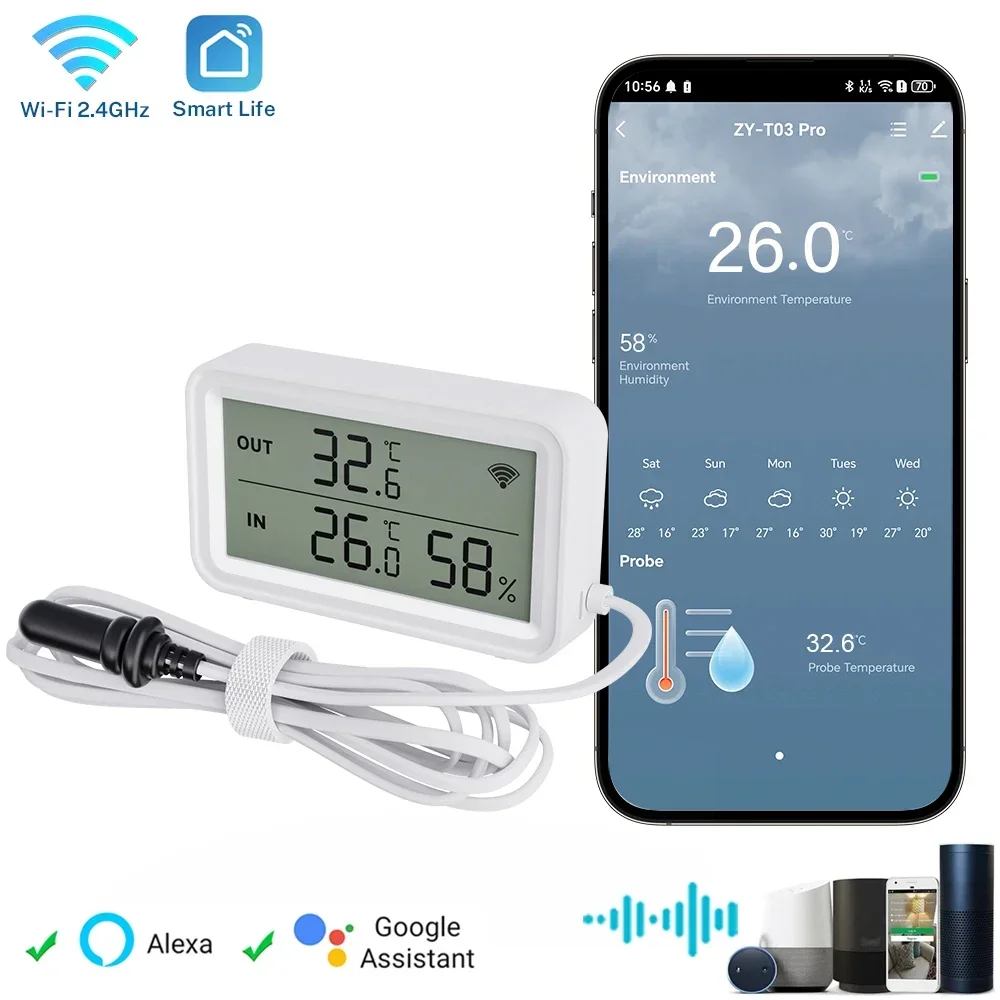 Tuya WiFi Temperature and Humidity Sensor with External Probe Home Automation Meter Compatible with Smart Life Google Assistant
