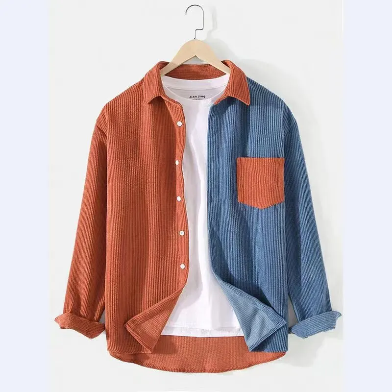 Long Sleeve Shirts Men Blouses Single Breasted Shirt Patchwork Spliced Buttons Loose Pockets Turn Down Collar Casual Autumn