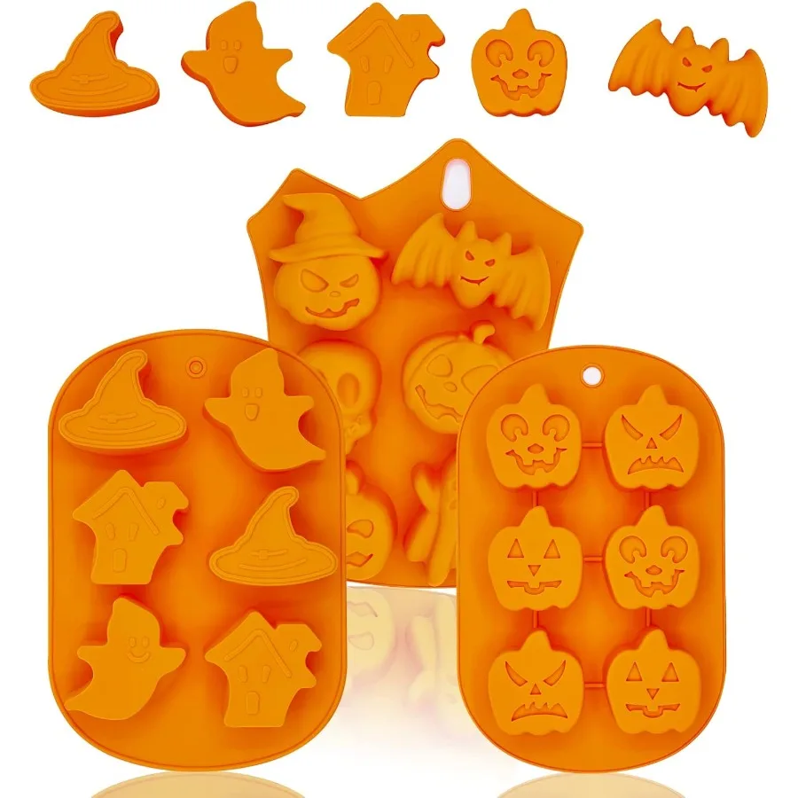 

3 PCS Halloween Molds Silicone Halloween Pumpkin Baking Molds Nonstick Skull Ghost Bat Shape Cake Pan for Chocolate Candy Ces C