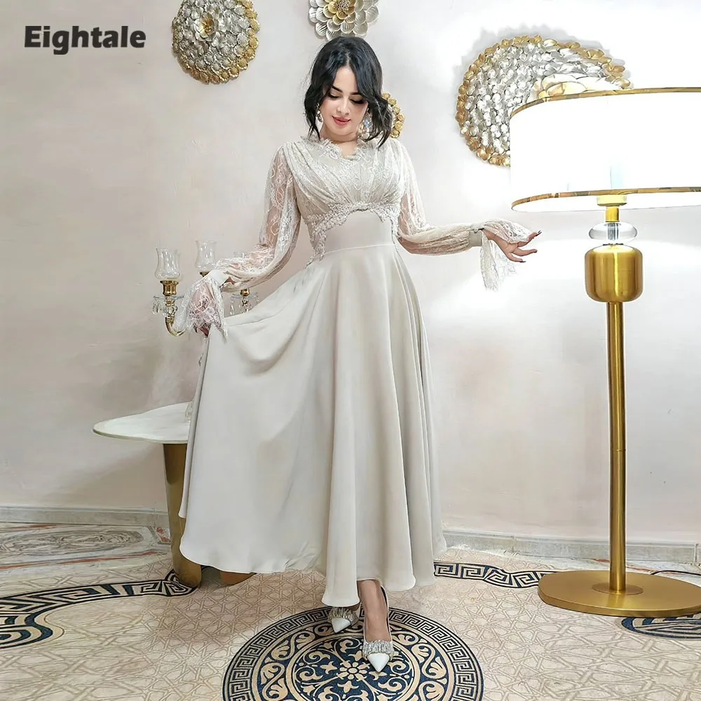 

Eightale Arabic Evening Dress V-Neck Customized Satin Lace Tea Length A-Line Prom Wedding Party Gown Vestidos De Gala