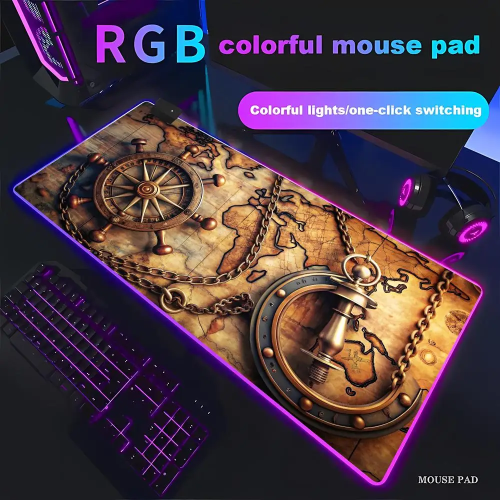 Animation Games Mouse Pad Vintage Nautical Compass Map RGB Mouse Pad HD Gamer Large LED Light XXL PC Computer pad Non-slip Decor