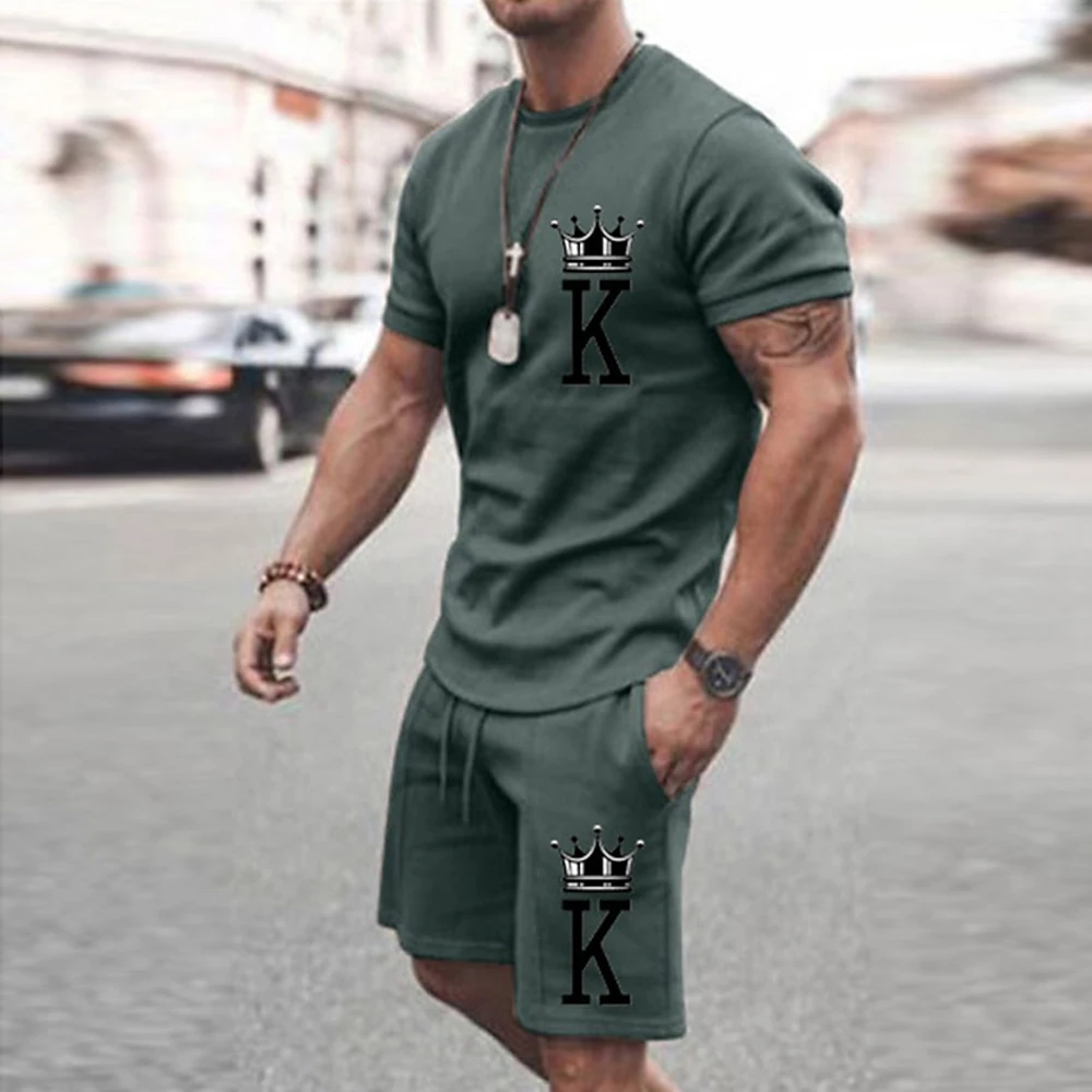 2025 Summer New Men's Summer Leisure Sports Running Set Loose Men's Refreshing Top Y2K Style 3D Poker King Fashion Set Lightweig