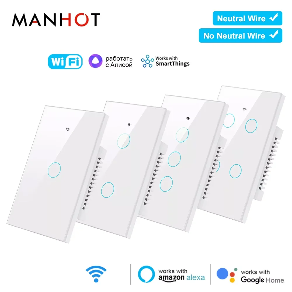 Interruptor de Luz Táctil Inteligente Wifi+Bluetooth, Sin Cable Neutro y Con Cable Neutro, Interruptores de Pared con Panel Táctil para Alexa y Google Home