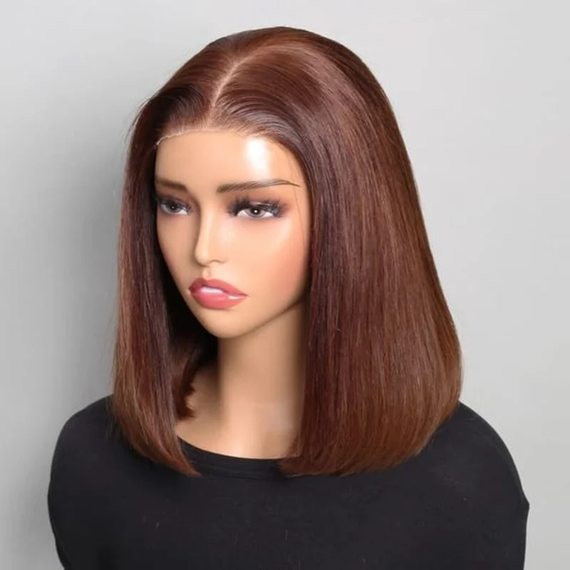 Bob dark Brown Wig Short Straight 4x4 Lace Front 100%  Hair Wigs glueless