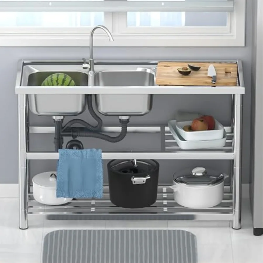 Évier à Double bol autoportant T304, ensemble d'évier utilitaire en acier inoxydable pour restaurants commerciaux, cours ou utilisation en cuisine avec