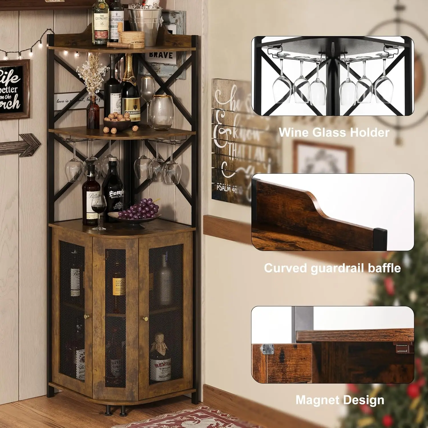 Armário de bar de canto com luzes LED, armário industrial de bar de vinho de 5 camadas com suporte de vidro, armários de bebidas de fazenda com prateleira