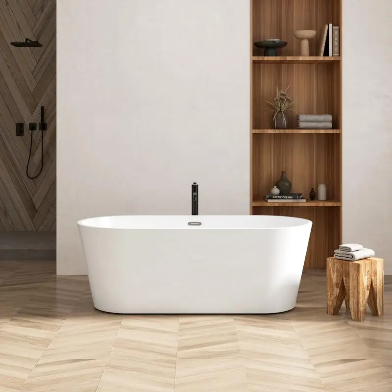 

67" Acrylic Freestanding Soaking Tub, Modern Contemporary Design with Toe-Tap Drain in Chrome and Classic Slotted Overflow,