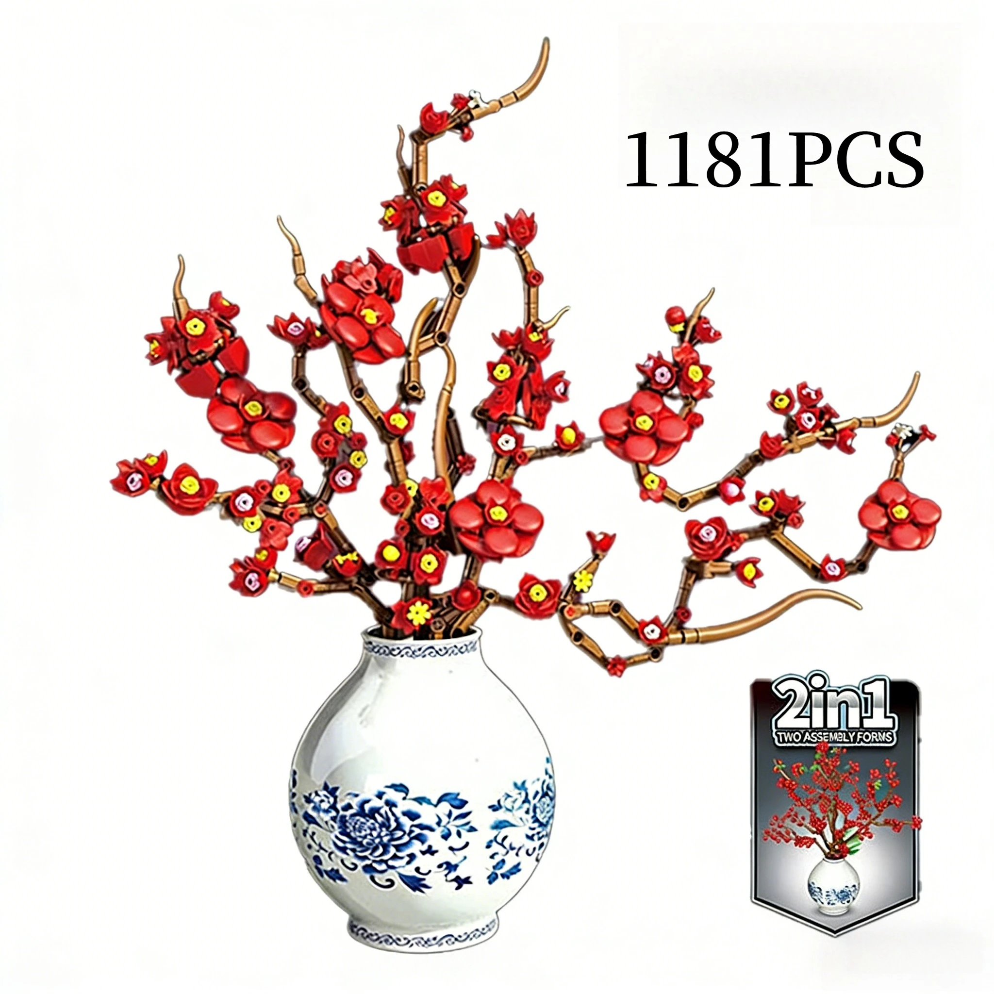 

1181PCS 2In1 Holly Plum Blossom Building Blocks Flower Bouquet Vase Model Bricks Set Home Decoration Good Gift for Friends
