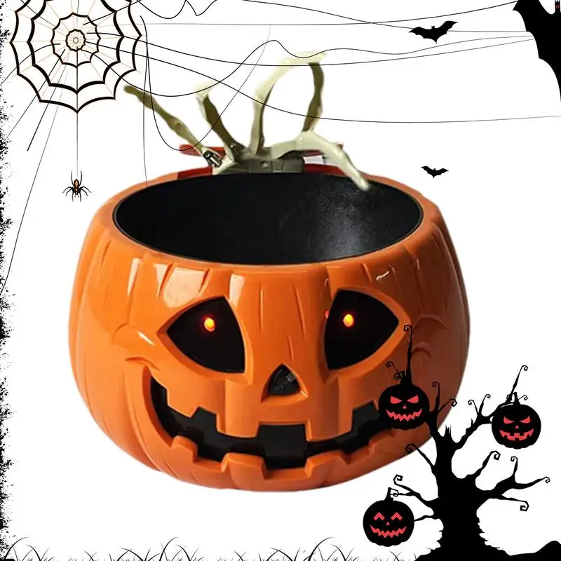 Halloween Pumpkin Candy Dish Pumpkin Electric Candy Dish Large Capacity Candy Holder Horror Candy Dish with Skeleton HandHeld