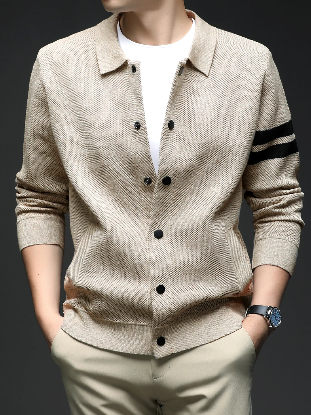 

Мужской вязаный кардиган Busin Sle с длинными рукавами, повседневный свитер с отложным воротником, модная универсальная верхняя одежда, осень 2025