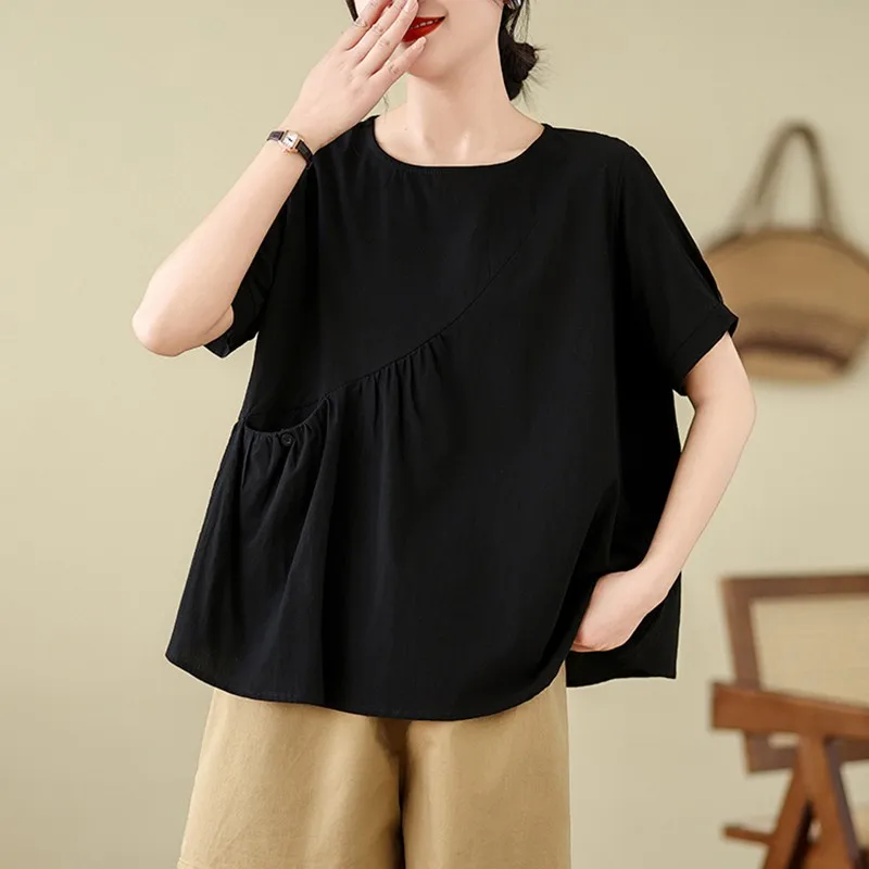 Women Summer Casual T-shirts New Arrival 2024 Simple Style O-neck Solid Color Loose Female Cotton Linen Tops Tees B3577 view 3