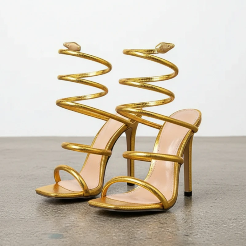 

Женские золотые босоножки на высоком каблуке, пикантные вечерние модельные туфли на тонкой шпильке со змеиным плетением и ремешком на щиколотке для летней вечеринки, клуба, банкета