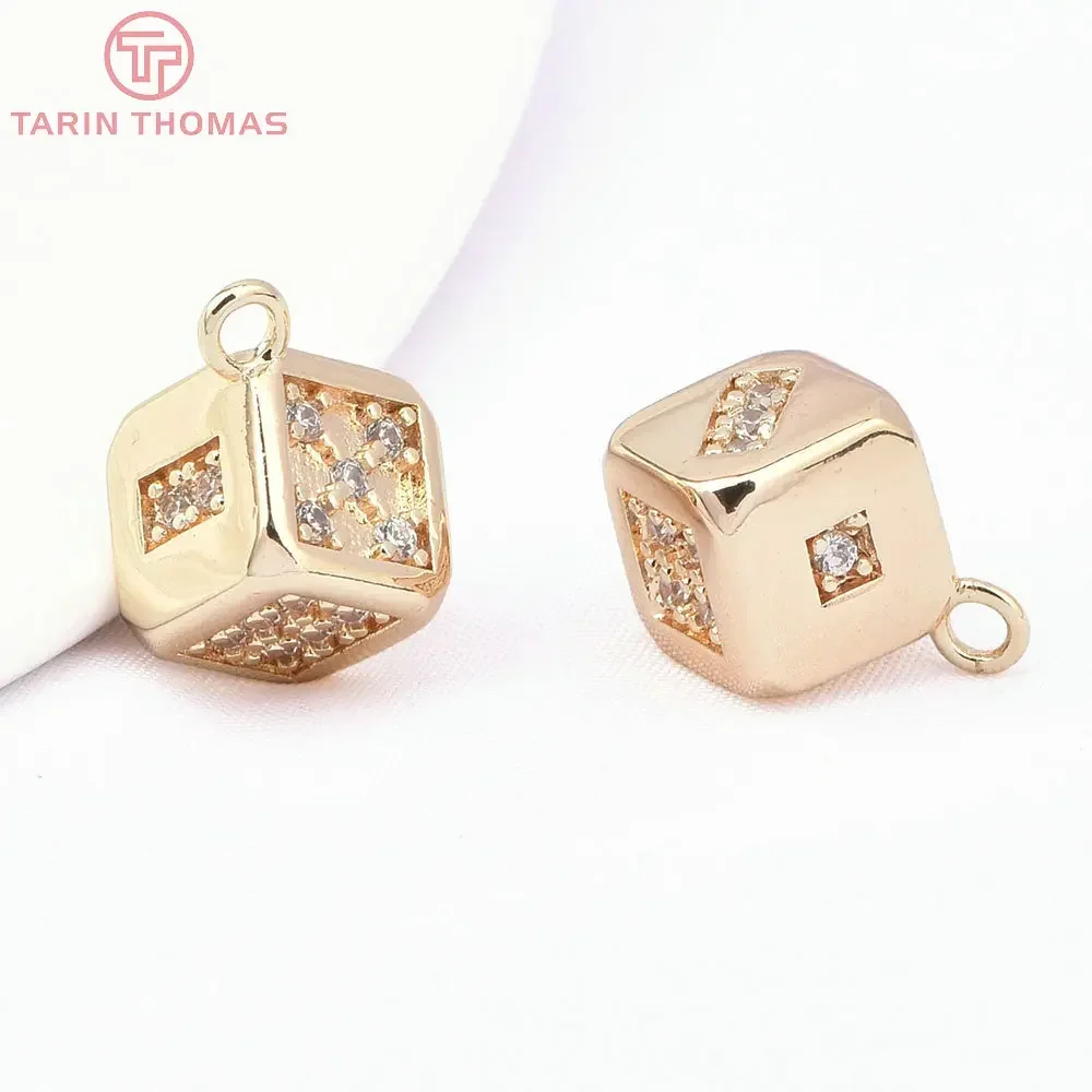 (8658) 4PCS 11x8.5MM 24K Gold Color Brass with Zircon Dice Shaped Charms Pendants High Quality DIY Jewelry Making Findings