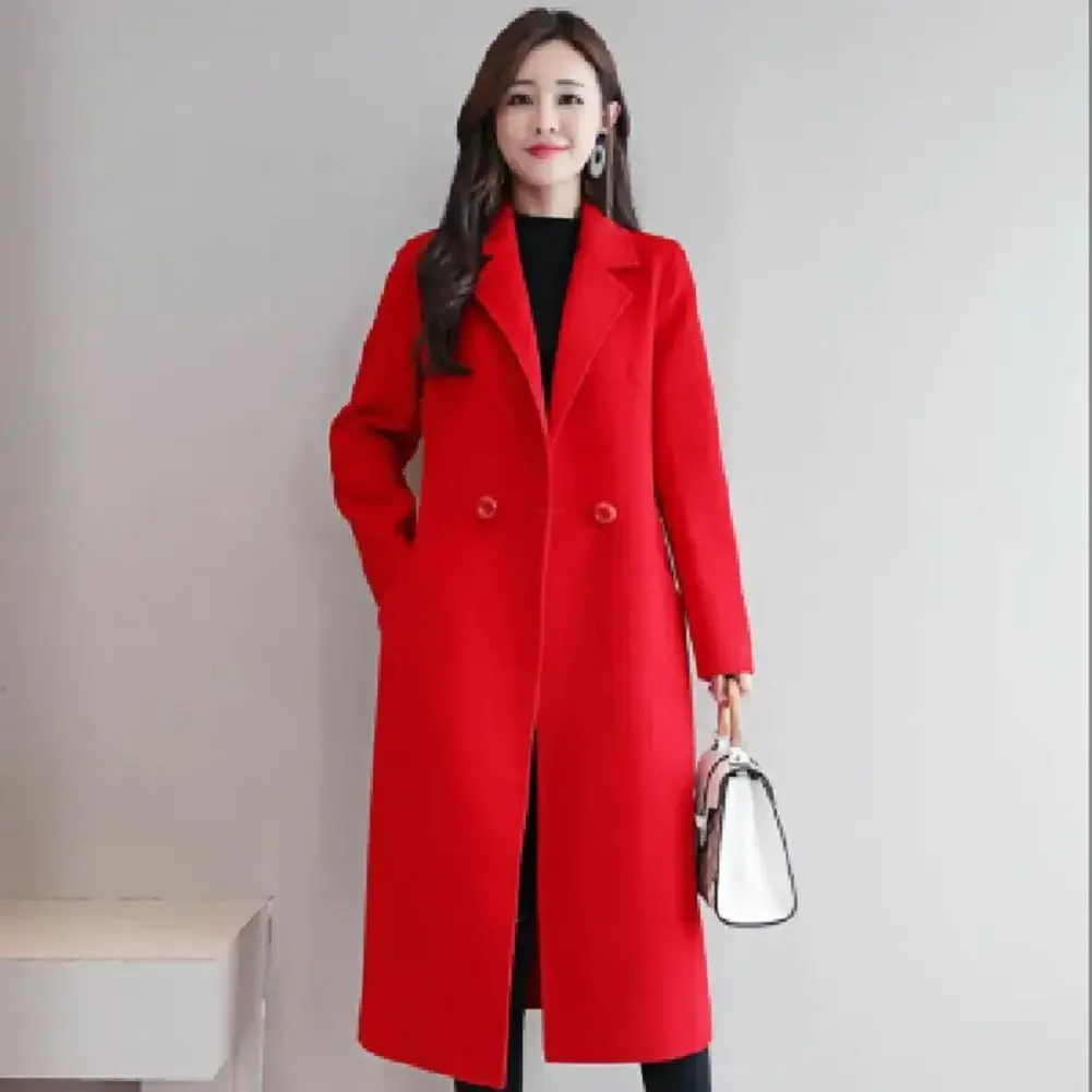 

Woolen Lapel Long Coats Fashion Vintage Women Overcoat Korean Notch Collar Elegant Woolen Trench Coat Loose Cardigan Winter Coat
