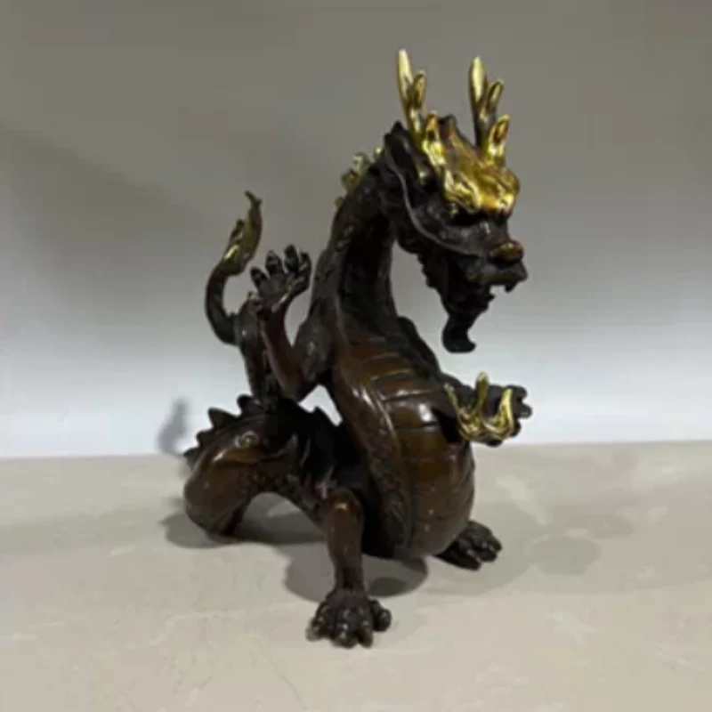Antique Gilded Brass Dragon Statue - Zodiac Dragon Ornament for Home Entrance, Desktop Display and Oriental Art Collectible Gift