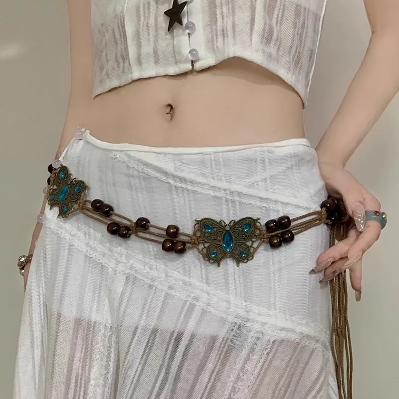 Bohemian Style Butterfly Water Diamond Woven Ethnic Style Handmade Wooden Bead Women's Belt Casual Vacation Style Waist Rope