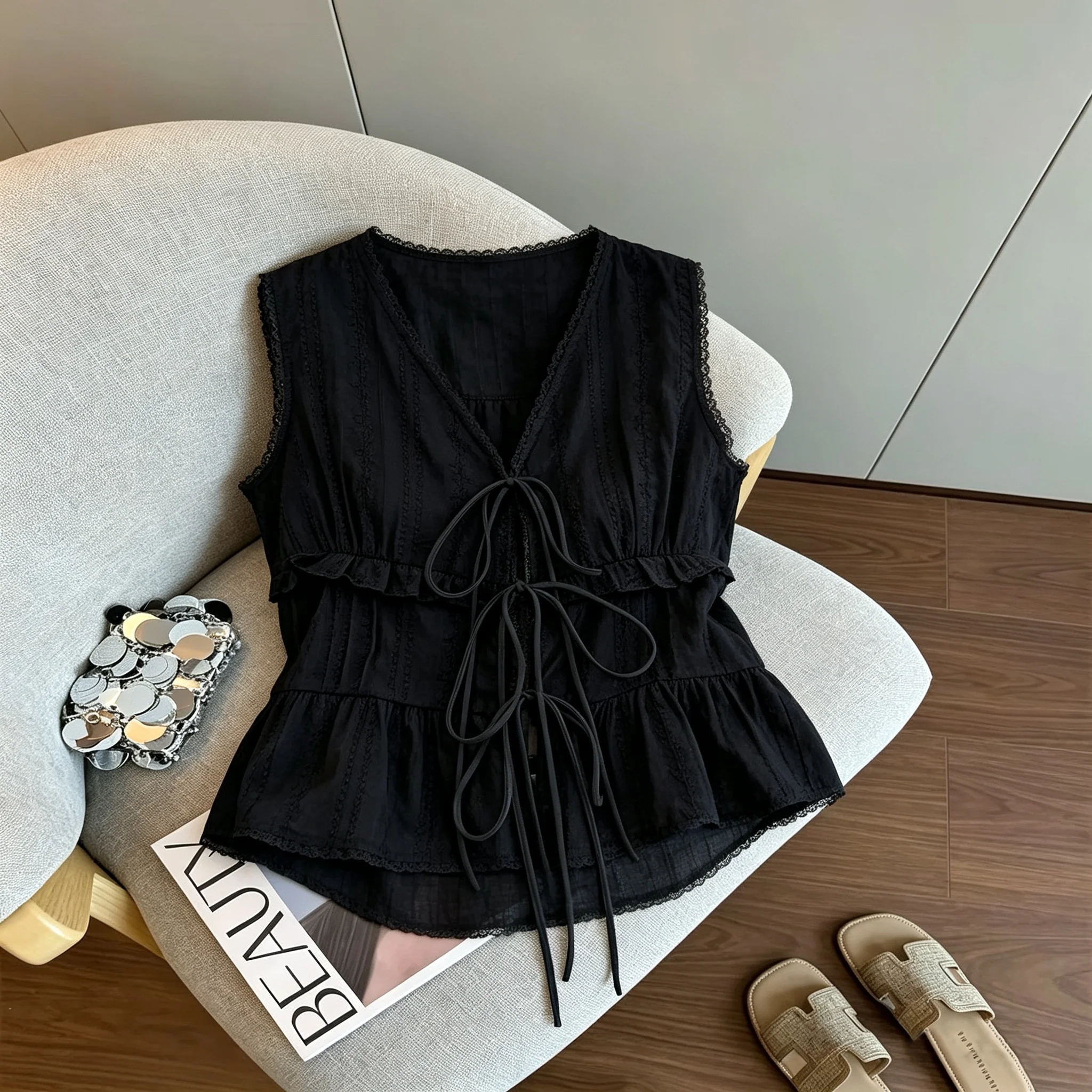 

Pure Desire Black V-neck Sleeveless Top Women's Summer Elegance Heavy Embellished Lace Trim Belted Shirt Casual Loose Fit