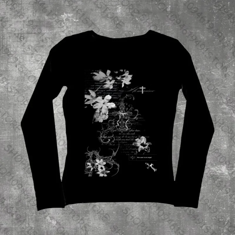 Slim And Sexy Long-sleeve Tees Harajuku Flower Graphics Y2k Style Women Long-sleeve Tees Vintage Emo Letter Printing Girls Tops