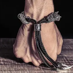 Vintage Dragon entangle Bracelet Stainless steel with Leather rope Exquisite Jewelry Accessories Gifts Men bracelet