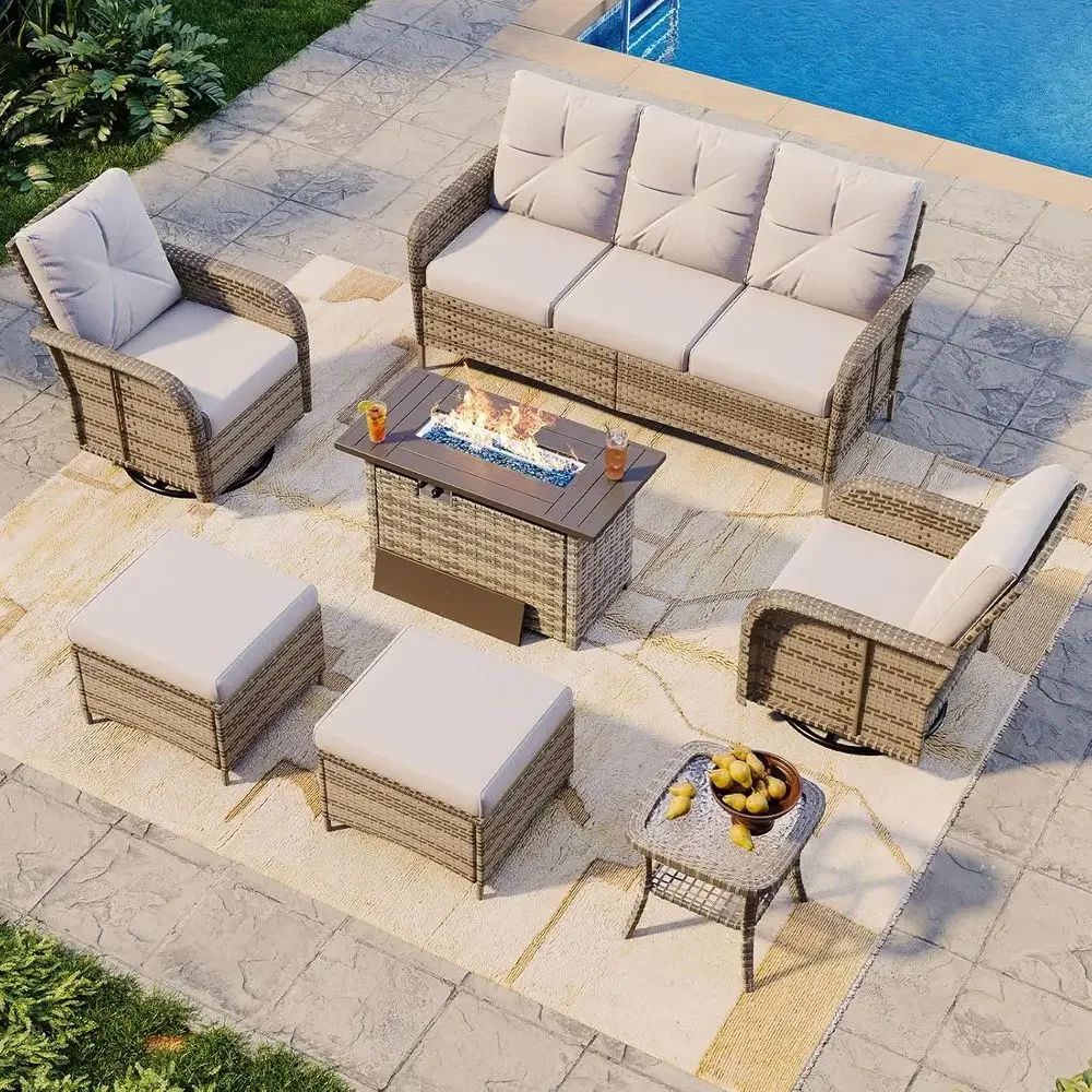 

7-Piece Outdoor Patio Furniture Set with 44 Fire Pit Table, Wicker Sectional Sofa, High Back Swivel Rocker Chairs, Thick Cushion