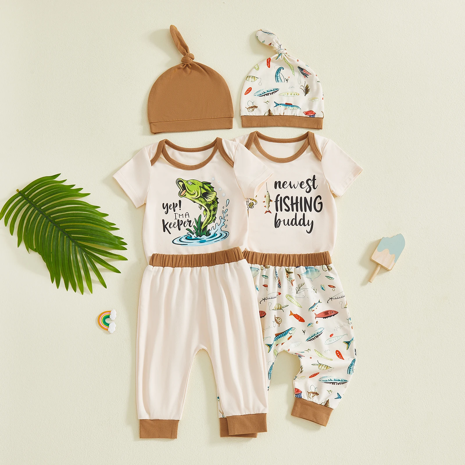 0-12Months Infant Newborn Baby Boys Clothing Sets Cartoon Fish Printed Short Sleeve Romper with Pants Hat 3Pcs Outfits