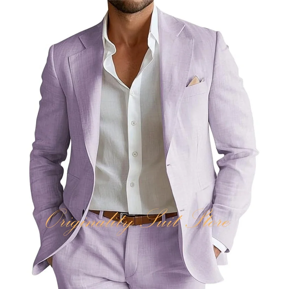 Men's Linen Suit 2 Piece Slim Fit Linen Suit for Men Beach Wedding Two Button Summer Casual Prom Party Suits Set