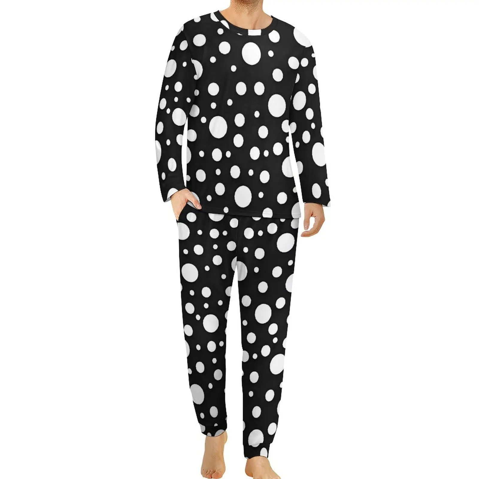 Polka Dots Pajamas Male White And Black Fashion Nightwear Winter Long Sleeve 2 Pieces Leisure Design Pajamas Set Large Size