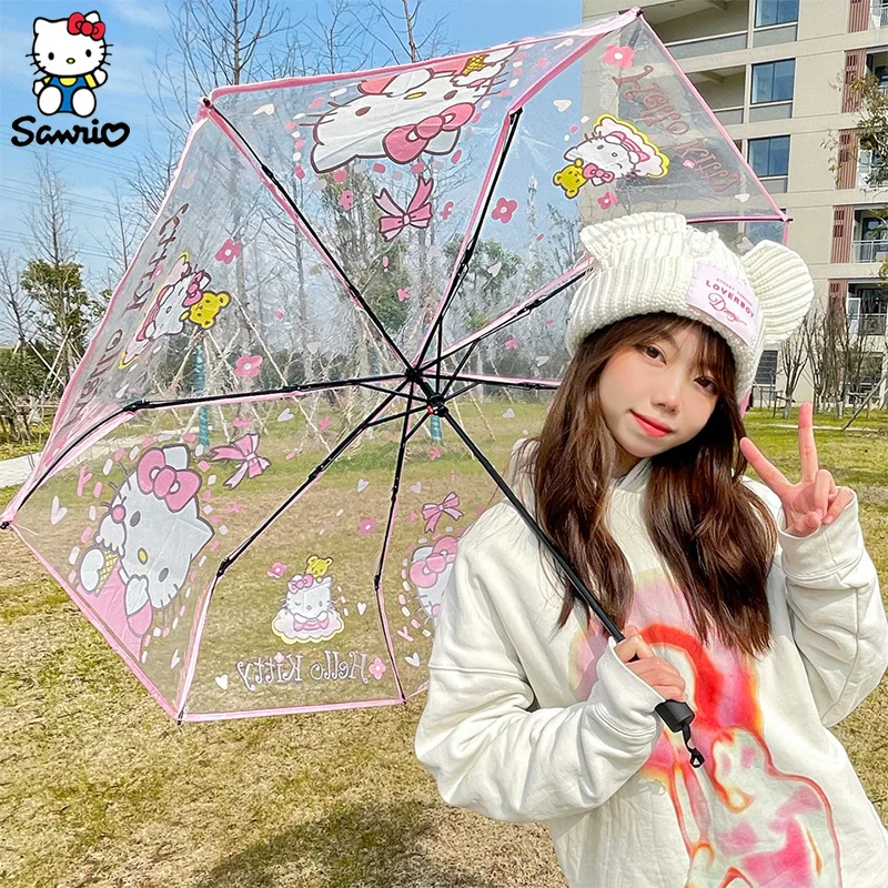 Sanrio Hello Kitty Automatic Umbrella Cartoon Y2k Hello Kitty Kuromi Cinnamoroll Folding Umbrella Transparent Umbrella Girl Gift