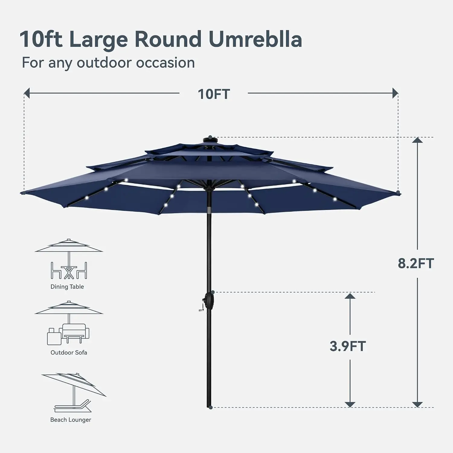 10ft Outdoor Patio Umbrella with Solar Lights, 3 Tier Vented,Navy | Auto-tilt, Large market table umbrella, 24pcs, Customized