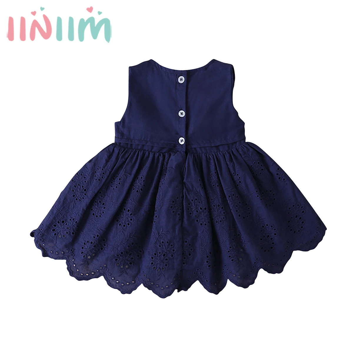 

Baby Girls Sleeveless Casual Dress O-neck Button Closure Solid Color Ruffle Hem Lace Hollow Cotton Dresses Kids Summer Costume