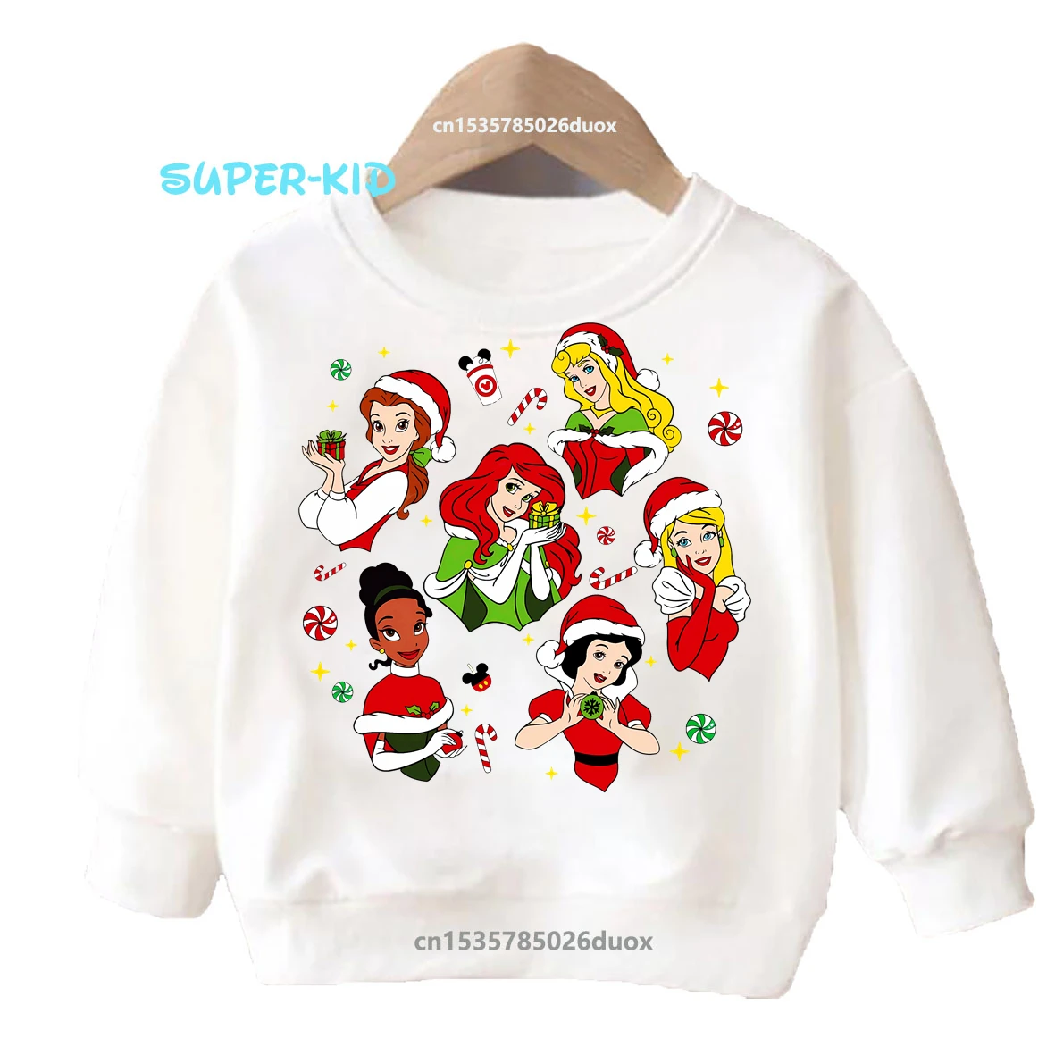 Merry Christmas Snow White Elsa Ariel with Mouse Ear Kawaii Girl  Sweatshirt Happy New Year 2025 Disney Princess Girls Hoodies