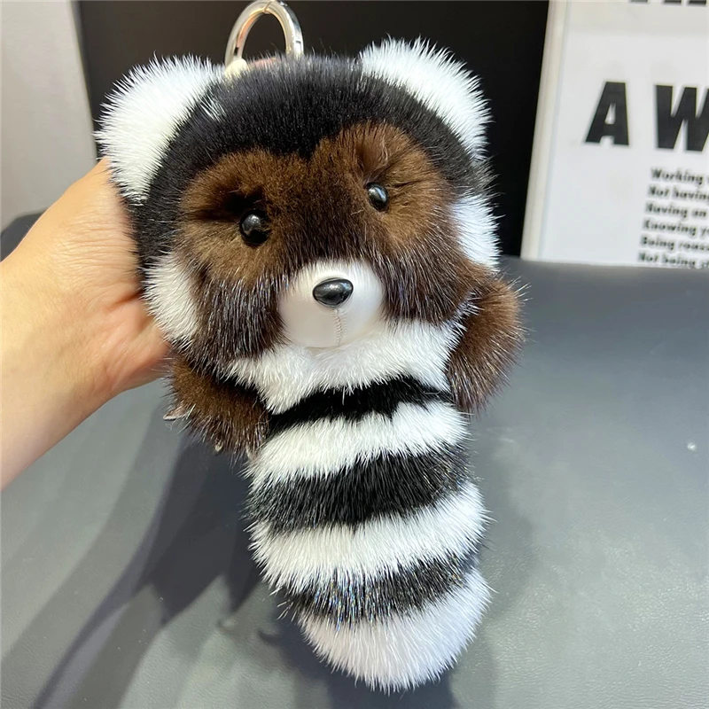 

Highend Real Mink Fur Keychain Cute Raccoon Toy Women Car Keyring Pendant Bag Ornaments Plush Bear Rearview Mirror Trinkets Gift