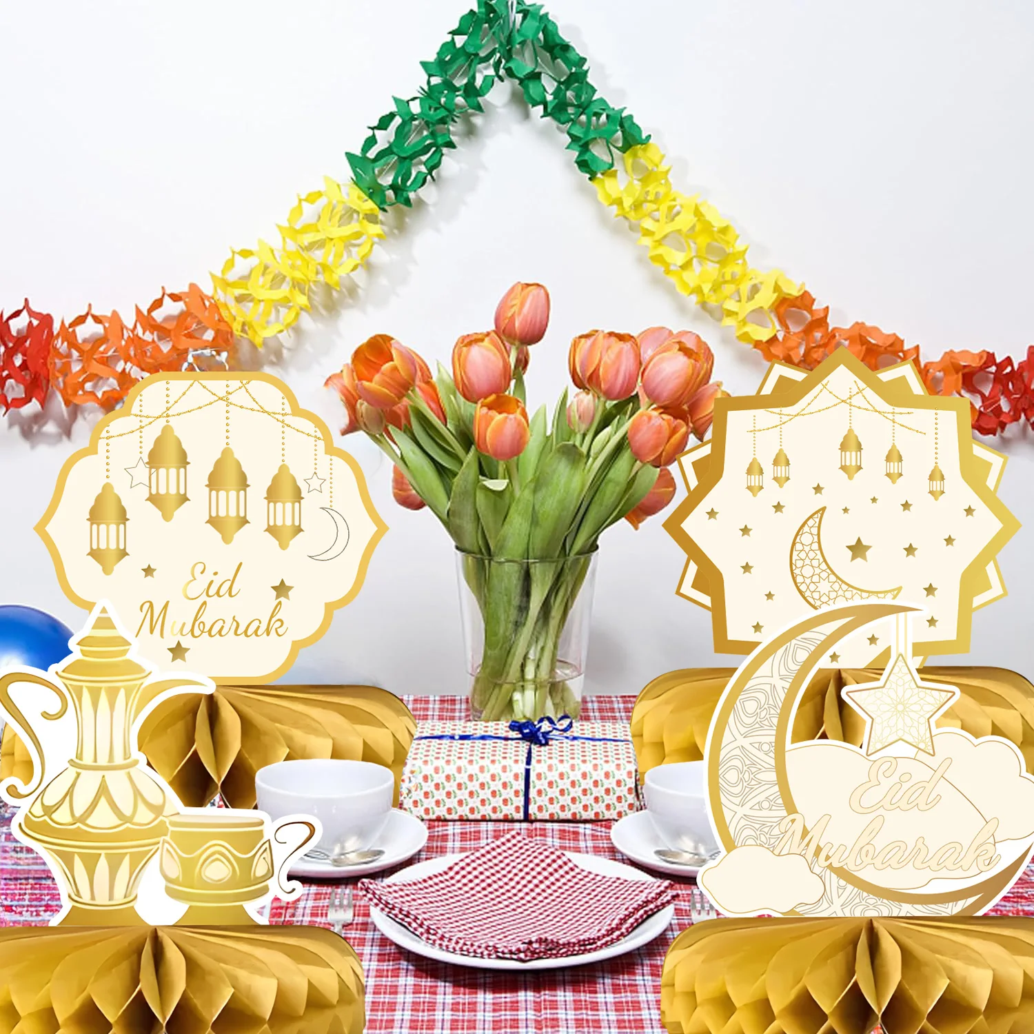 6 قطعة عيد الذهبي العسل زخرفة عيد الفطر حفلة الجدول الديكور احتفالي عيد ديكور المنزل نجمة القمر فانوس عيد نمط هدية