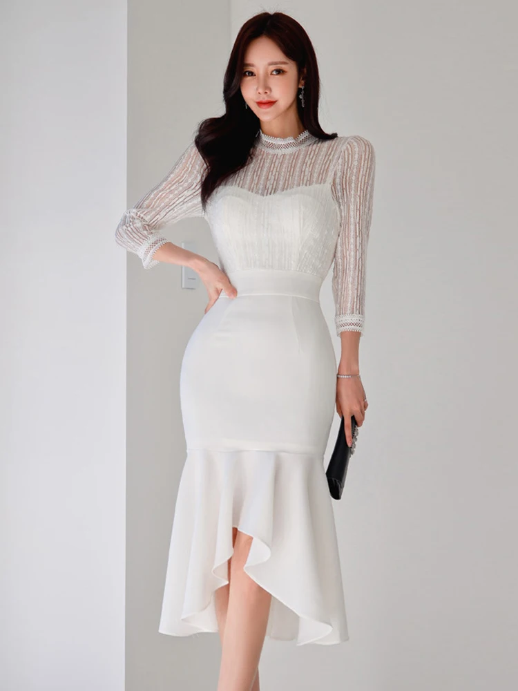 New Summer Elegant Women Evening Dress Chic White Lace Hollow Sexy Slim Midi Fishtail Party Club Prom Robe Femme Mujer Vestidos