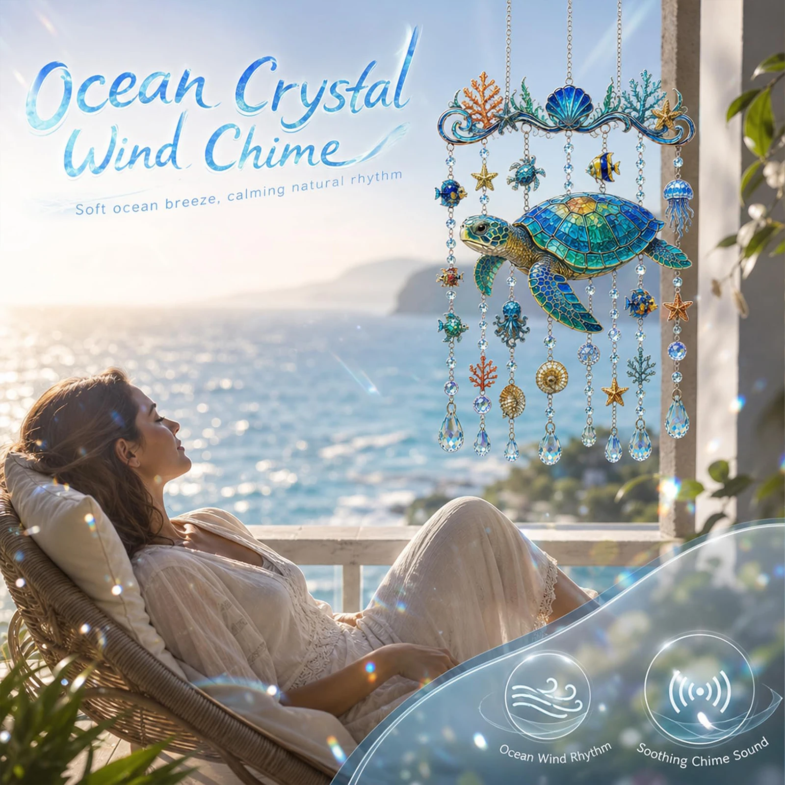 Ocean-Themed Crystal Wind Chime with Drop Pendant Painted Ocean Animal Wind Chime for Outdoor Patio Porch Yard Garden Decoration