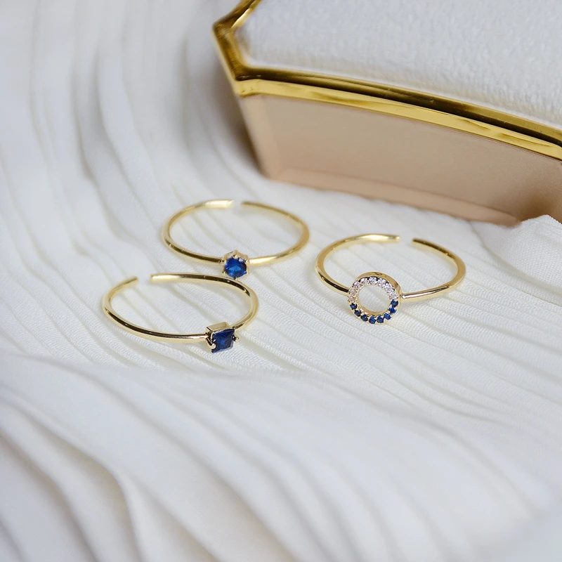 3 Pieces/set Korean Fashion Blue Crystal Exquisite Adjustable Ring for Women Ins Style Diy with Knuckle Ring Girls Jewelry Gift