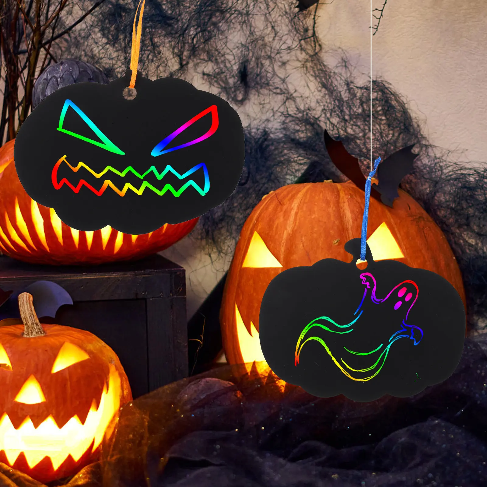 1Set Colorful Rainbow Scratch Painting Cards Set Halloween Themed DIY Scratch Paper Art Sheets for Children Hands on Craft Room
