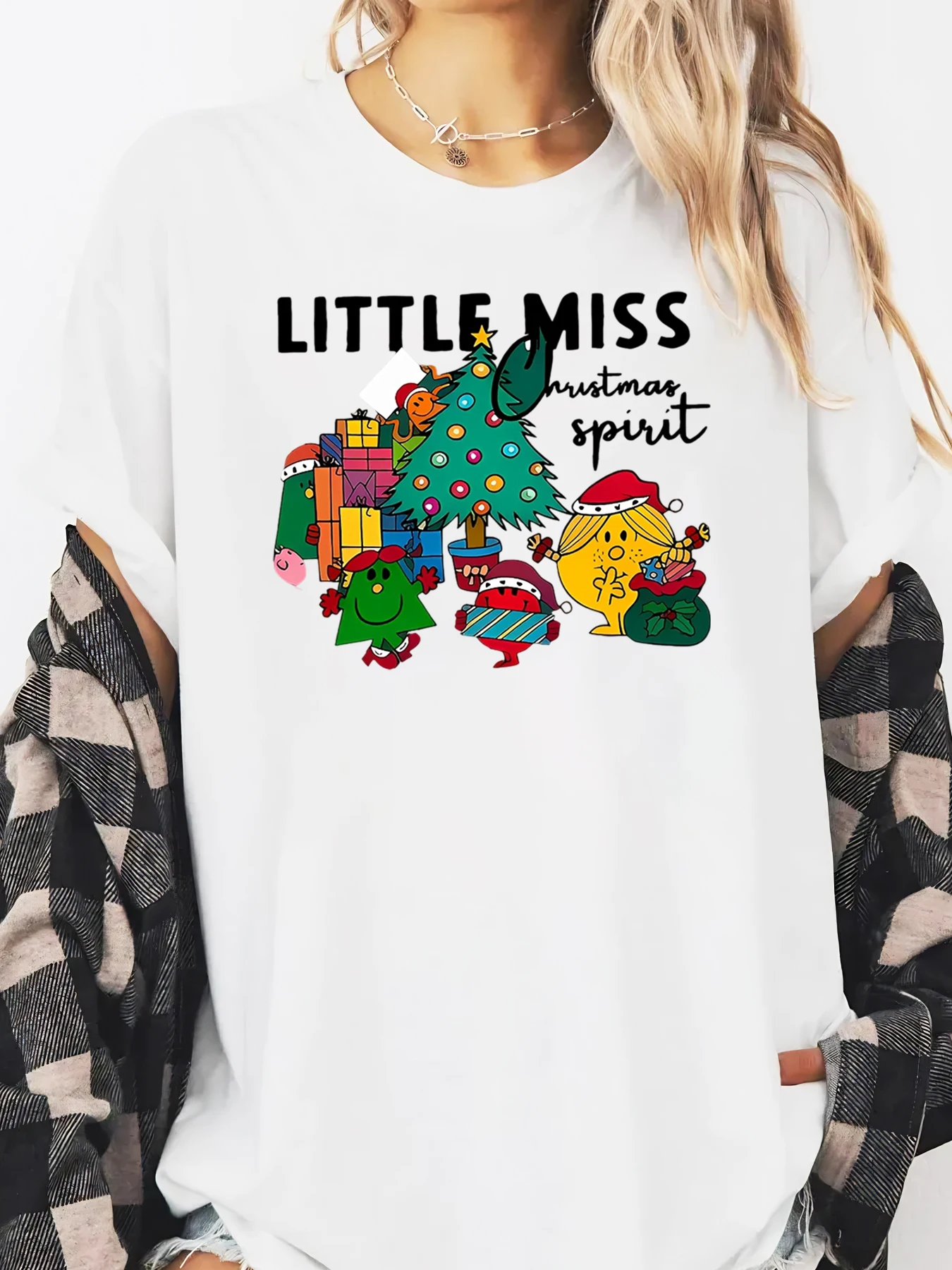 Mr Men Little Miss Christmas Spirit Print Vakantie T-shirt met lange mouwen Dames Casual Winter Feestelijke kleding Wit Plus-maat