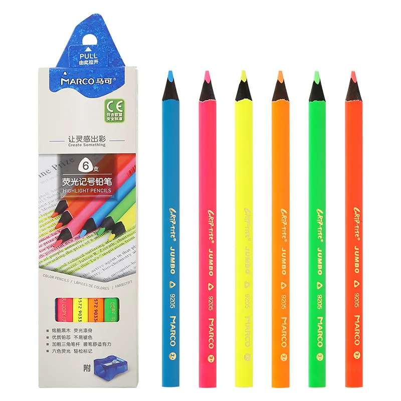 MARCO 6 Colors Fluorescent Marker Pencils Highlighting Black Wood Triangular Barrel 3.7mm Dry Lead Non-Toxic Fade-Resistant