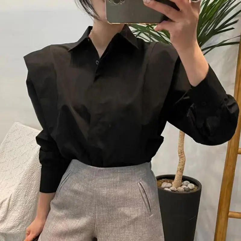 Elegant Fashion Harajuku Slim Fit Female Clothes Casual All Match Tops Women Solid Lapel Collar Patchwork Long Sleeve Blusa