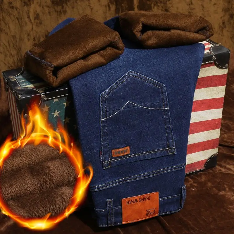 الشتاء الرجال رشاقته الدنيم السراويل فضفاضة مستقيم تمتد رجال الأعمال الدنيم الجينز عادية طويلة الكلاسيكية الجينز الأزرق الأسود بنطلون