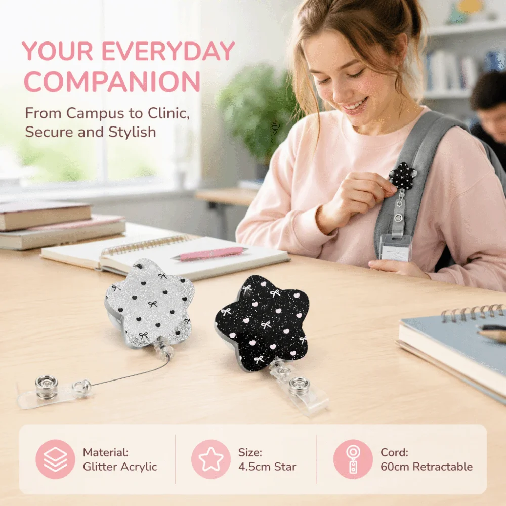 Star Shape Retractable Badge Reel Heart Bow Print Glitter ID Badge Holder Clip Name Card Badge Reel Nurse Doctor Student