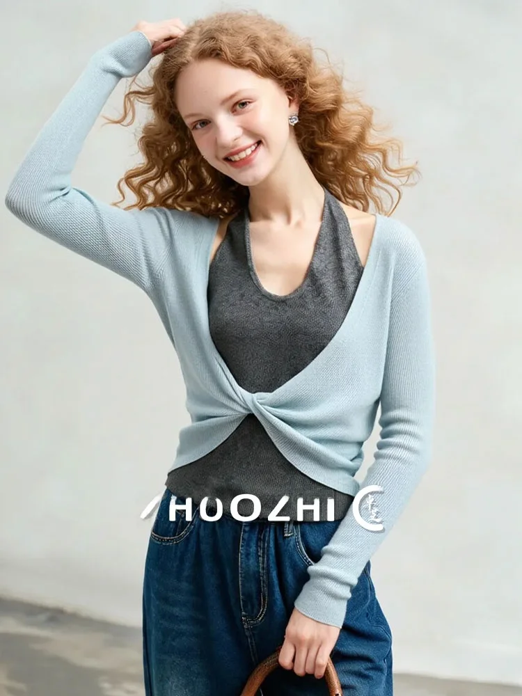 

ZhuoZhi Soft Knitted Ne Hanging Twist Color Blo Sweater Gentle French Sle Long Sve V-Ne Single Piece Women's Top