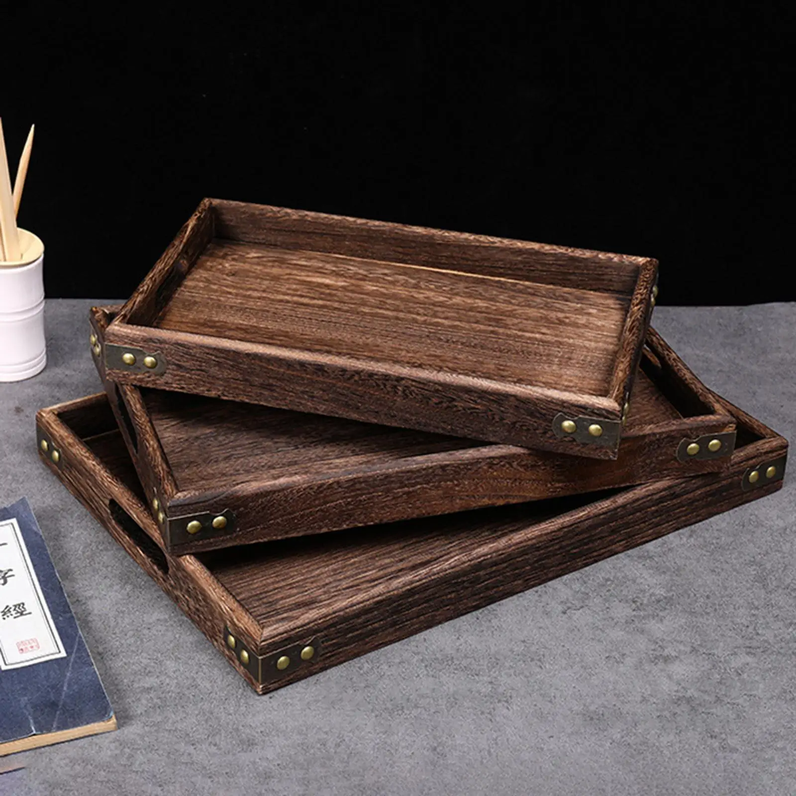 3 Pieces Wooden Serving Trays Rectangular Platters for Table Centerpiece