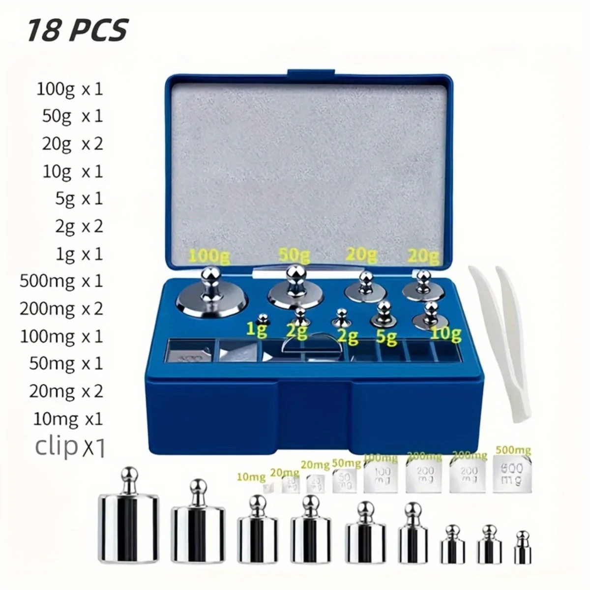 17pcs Weight Set with Calibration Tool Metal Gram Scale Weights Storage Case Tweezer for Science LabEducationJewelryMeasuringKit