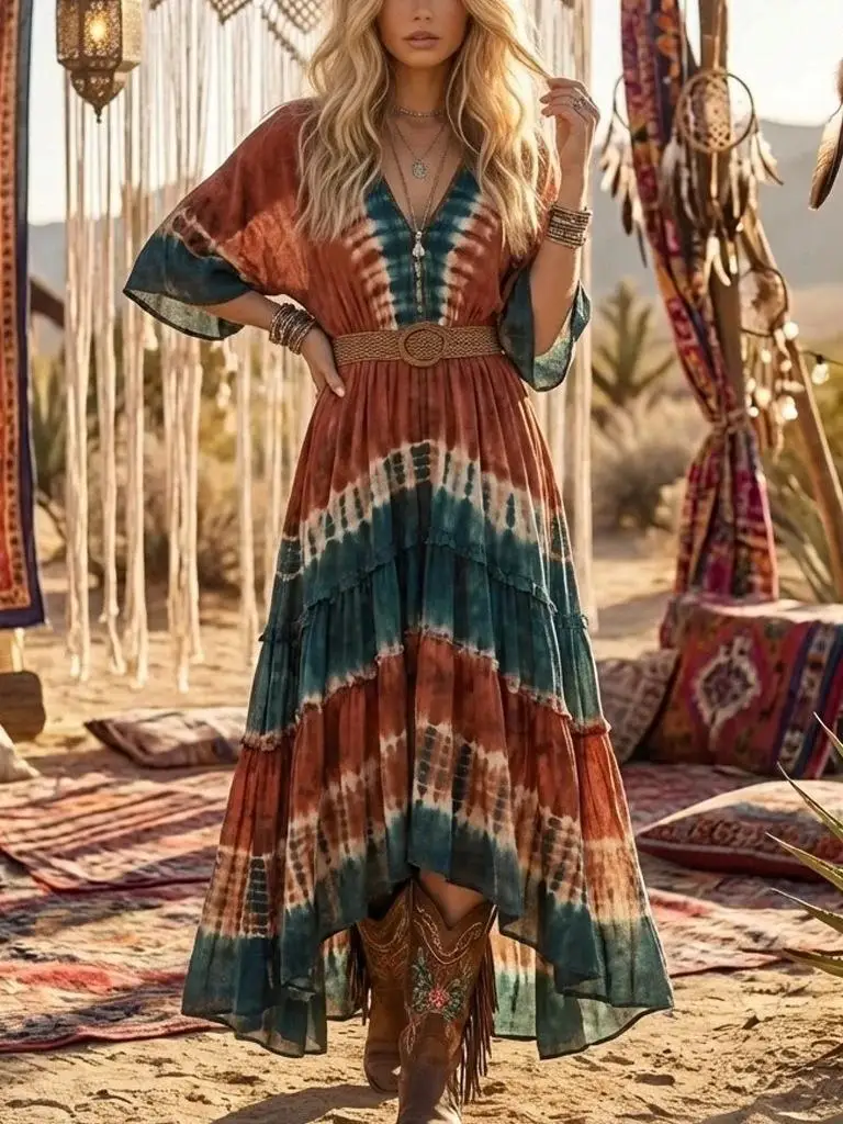 

Платье в богемном стиле с принтом тай-дай, свободного кроя, с V-образным вырезом, рукавом 3/4 и завышенной талией, для женщин, для прогулок по городу