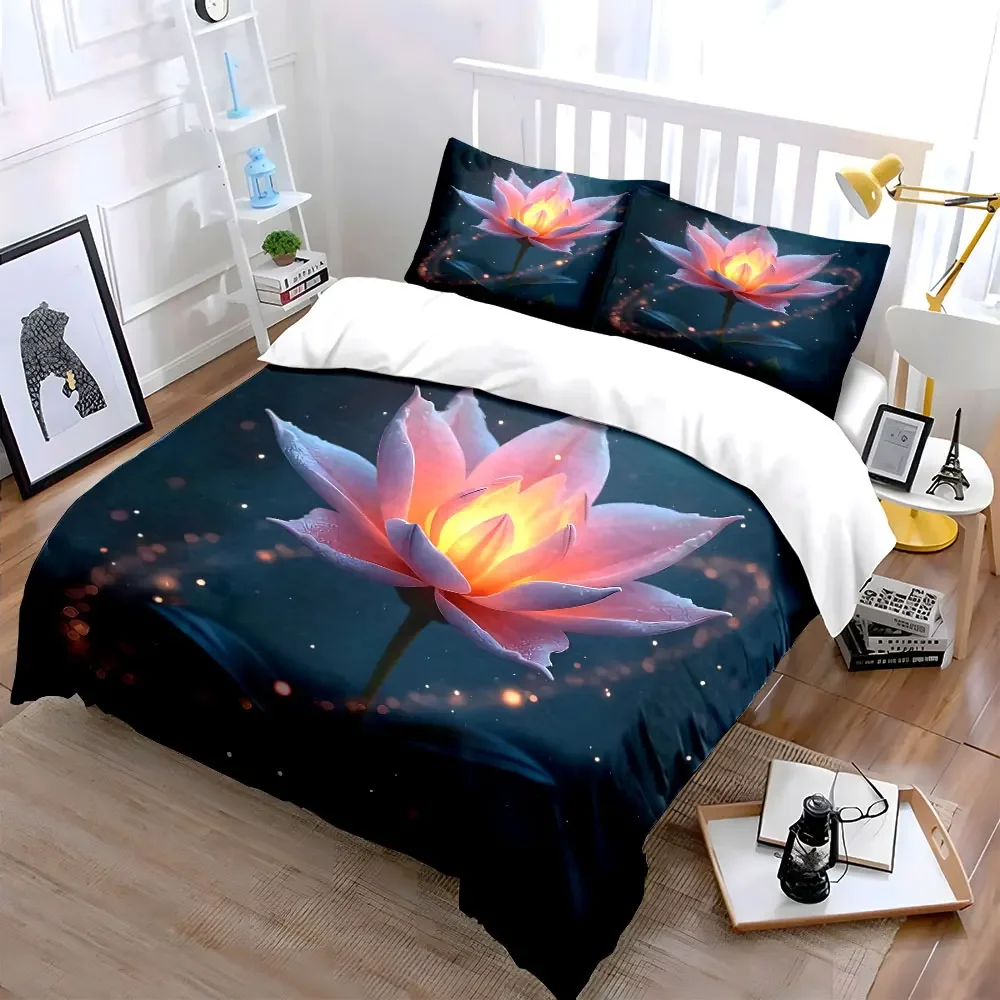 3Pcs Magical Lotus Bedding Set, Glowing Pink Water Lily Print Duvet Cover + 2 Pillowcases, home bed Nature Decor