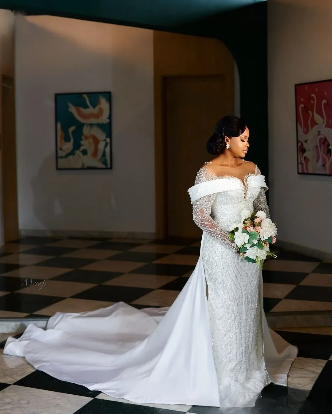 Customized Off the Shoulder Sparkly Pearls Crystals  Wedding Dress Robe De Mariée Long Sleeves Bridal Gowns with Removable Skirt
