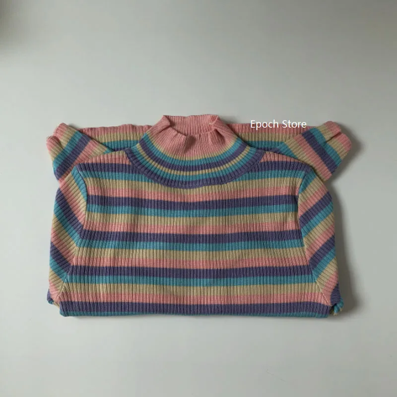 Y2k Clothes Turtleneck Pullover Women Sweater Rainbow Stripe Autumn Knitted Top Slim Long Sleeves Women Clothing Korean Fashion